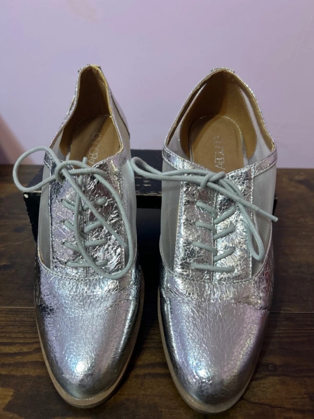 Abound Silver Chrome Crackled Mettalic Mesh Lace Up Preppy Oxford Flats New Sz 8